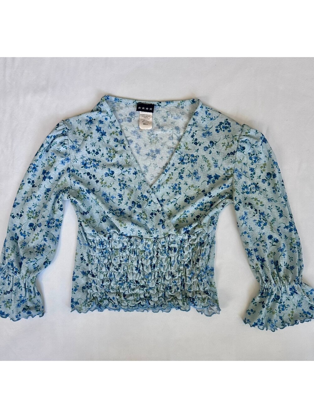 Four Stars Small Blue Floral Smocked V-Neck Bell Sleeve Crop Top Y2K